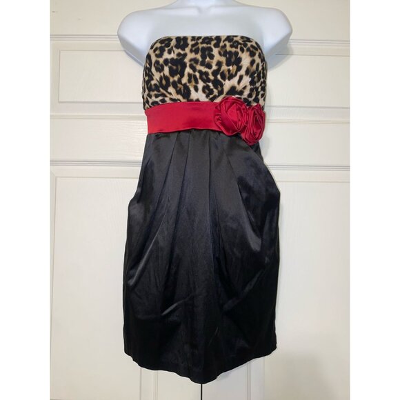 Strapless Leopard Print & Black Dress With Red Satin Rosette Waist Detail - Picture 1 of 3